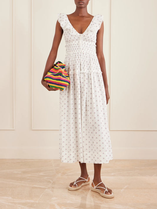 Image of Dresses. Product name - Sorina Tiered Embroidered Floral-print Organic Cotton Midi Dress in White colour by brand - DÔEN