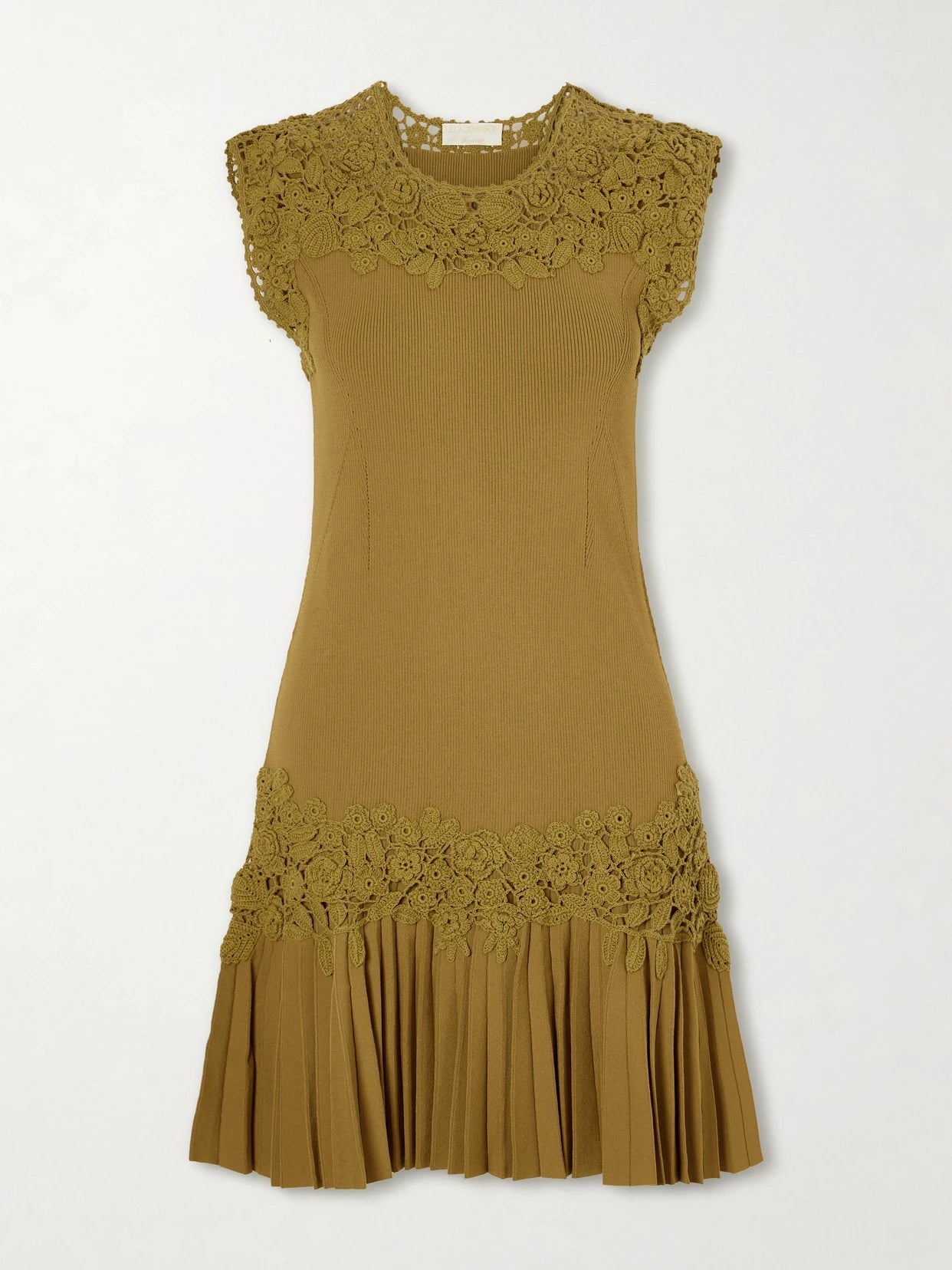 Image of Dresses. Product name - Noemie Crochet-trimmed Ribbed Mini Dress in Green colour by brand - Ulla Johnson