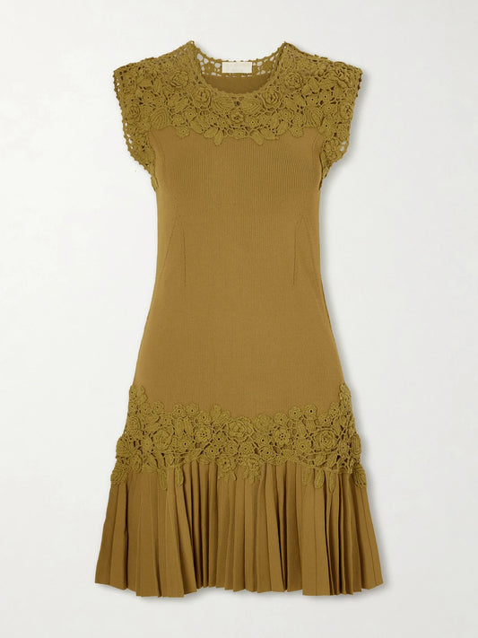 Image of Dresses. Product name - Noemie Crochet-trimmed Ribbed Mini Dress in Green colour by brand - Ulla Johnson