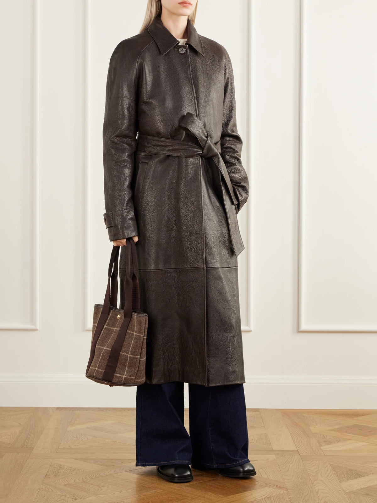 RUE de VERNEUIL Bucket Checked Webbing And Leather-trimmed Wool-tweed Tote