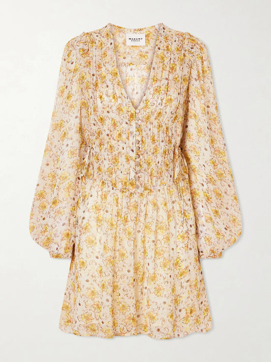 Image of Dresses. Product name - Florel Floral-print Crêpe De Chine Mini Dress in Yellow colour by brand - MARANT ÉTOILE