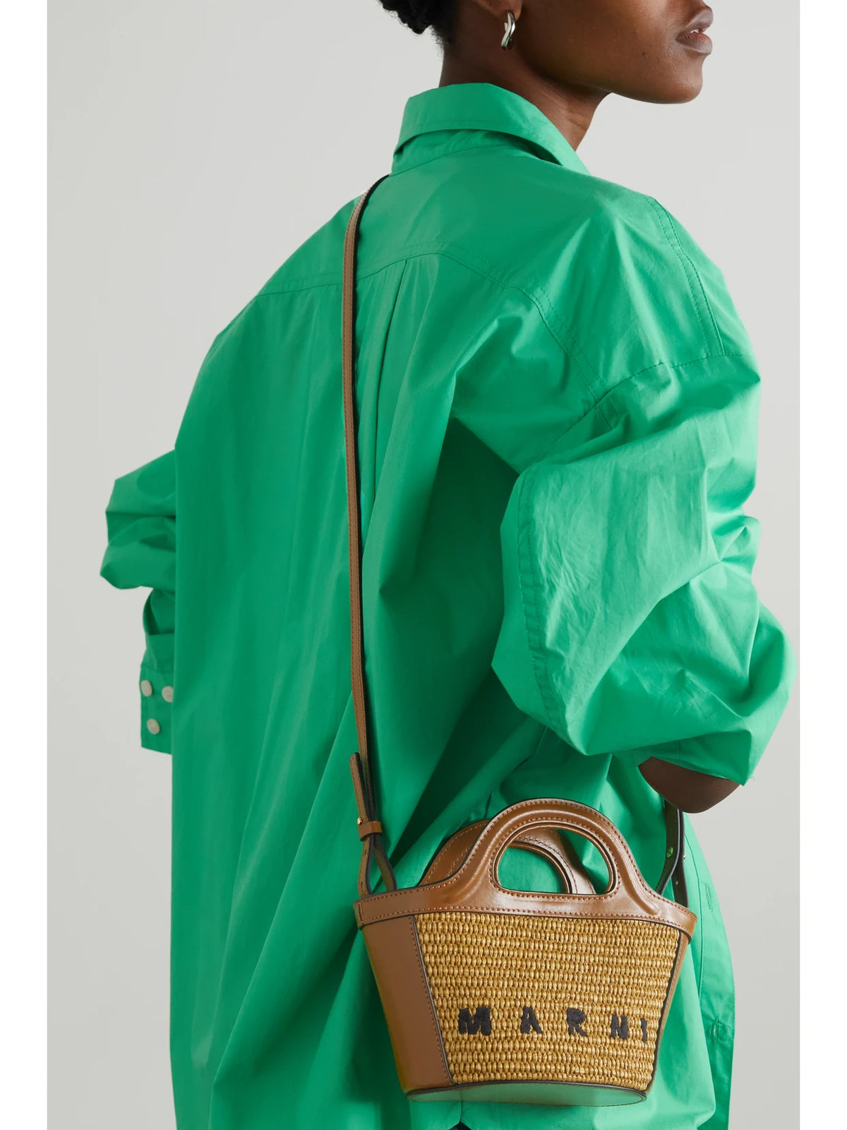 Image of Bags. Product name - Tropicalia Micro Embroidered Leather-trimmed Raffia Tote in Brown colour by brand - Marni