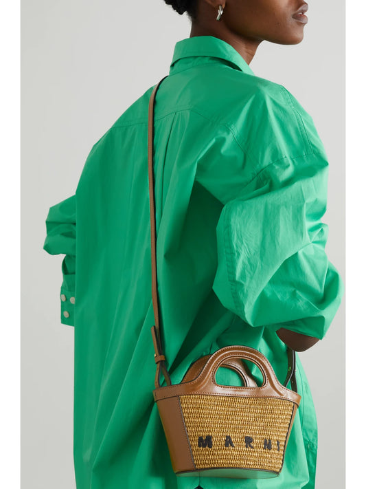 Image of Bags. Product name - Tropicalia Micro Embroidered Leather-trimmed Raffia Tote in Brown colour by brand - Marni