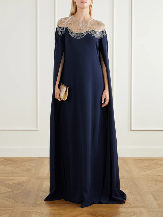 Image of Dresses. Product name - Embellished Stretch-silk Georgette Gown in Navy colour by brand - Oscar de la Renta