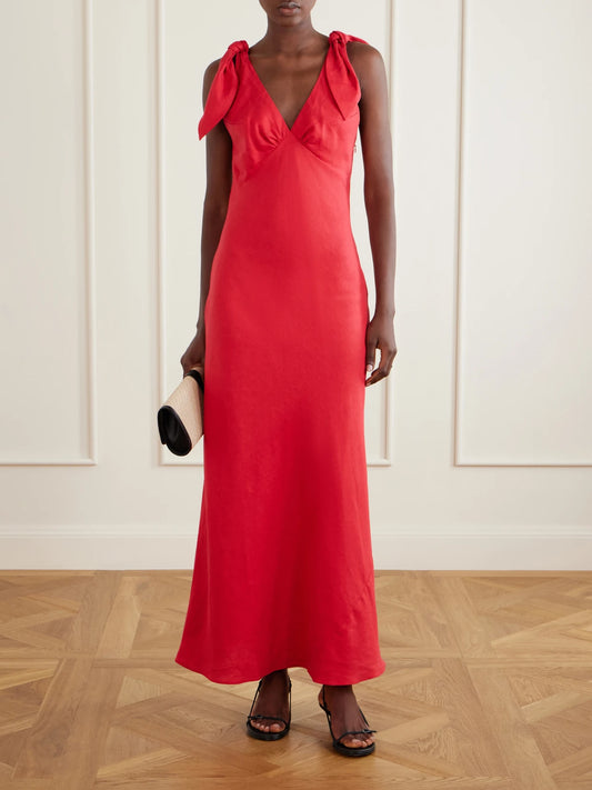 Image of Dresses. Product name - Solana Knot-detailed Linen Maxi Dress in Red colour by brand - Faithfull