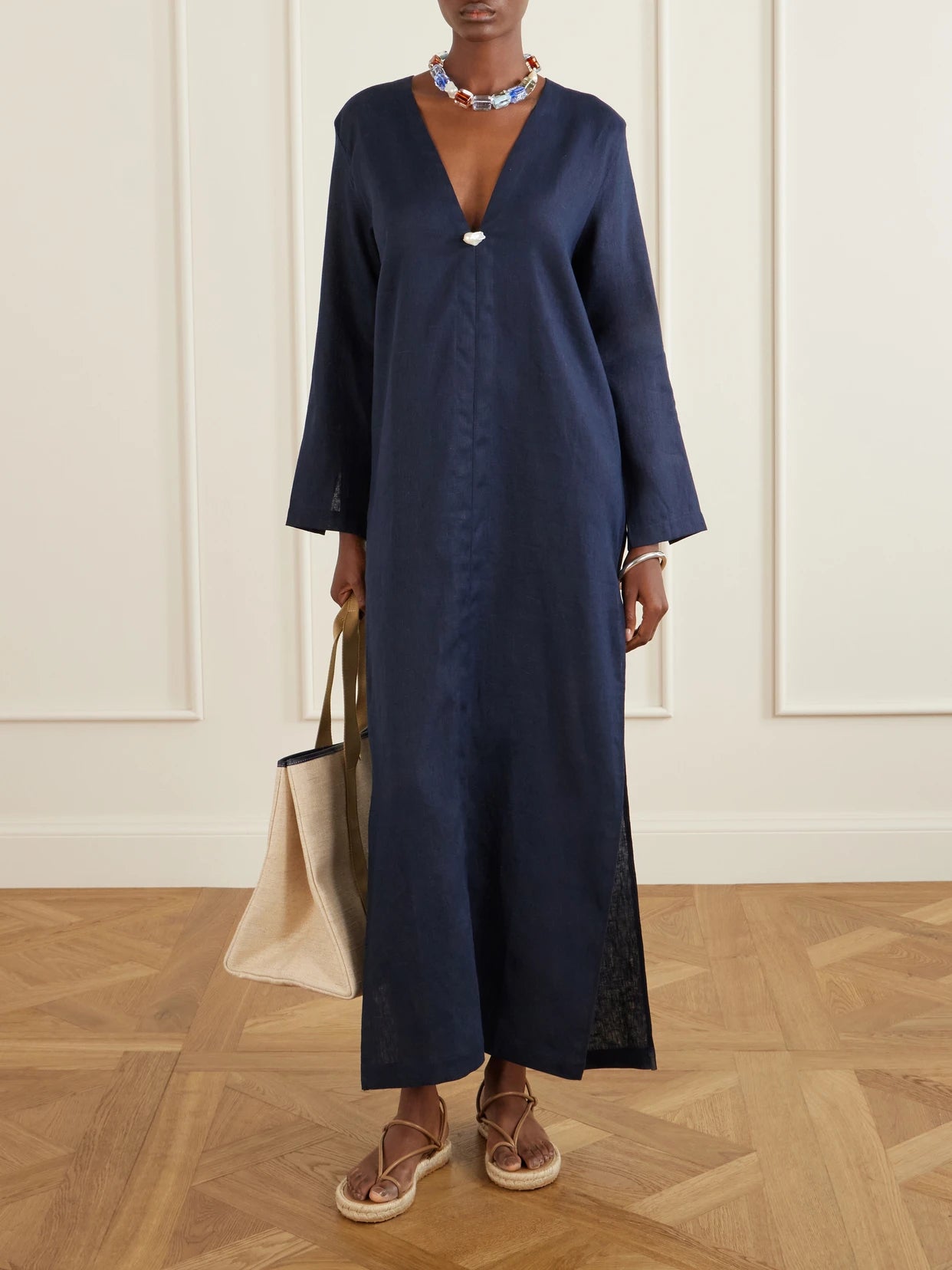 Image of Dresses. Product name - Pearl-embellished Linen Kaftan in Navy colour by brand - Sara Cristina