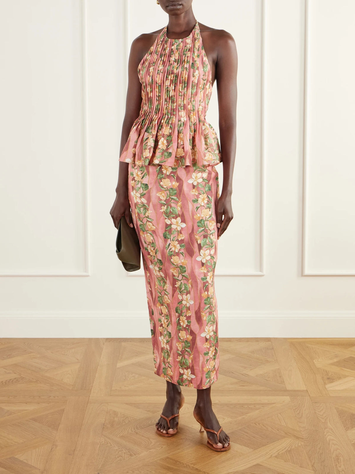 Image of Outfit Sets. Product name - Caña Pleated Floral-print Linen-woven Halterneck Blouse in Pink colour by brand - Agua by Agua Bendita