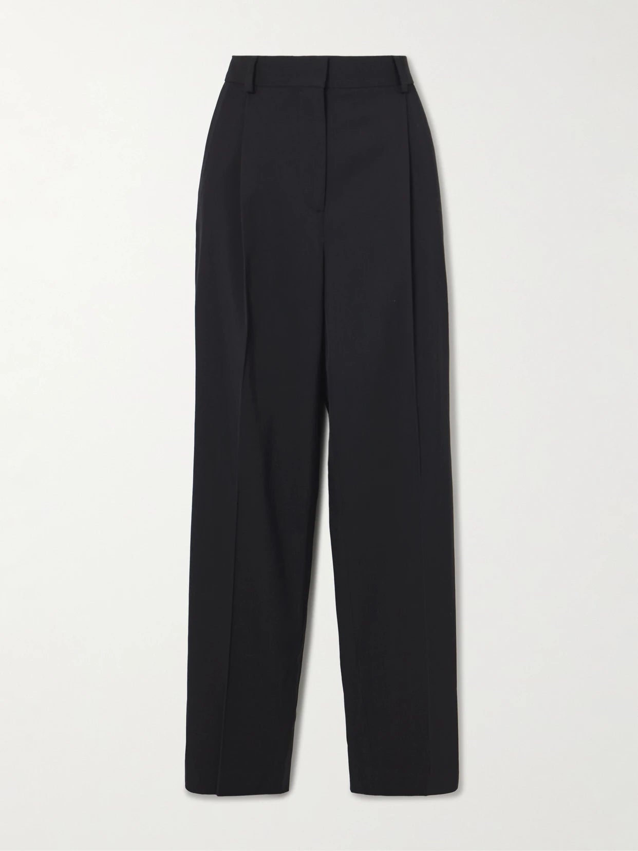 Image of a model wearing Pants. Product name - Pleated Twill Straight-leg Pants in Black colour by brand - TOTEME