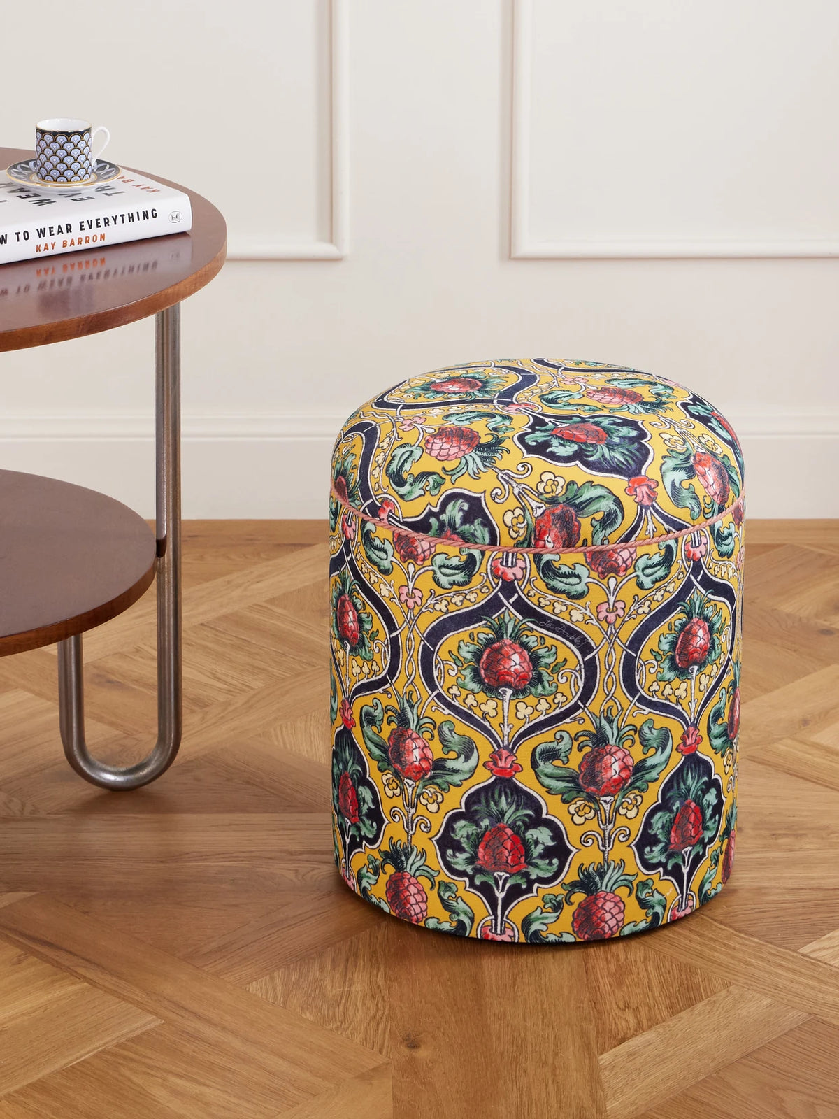 Image of Decor. Product name - Babà Printed Canvas Pouf in Yellow colour by brand - La DoubleJ