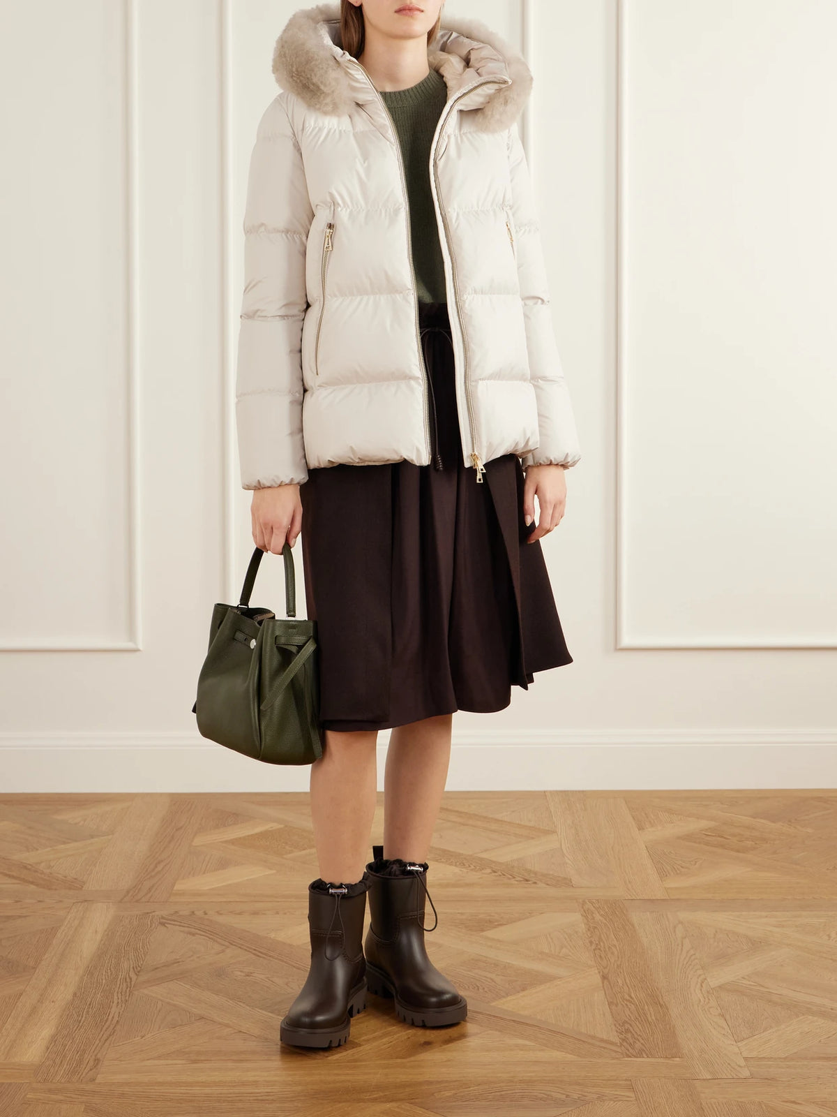 Image of Coats & Jackets. Product name - Laichefur Plush-trimmed Shell Quilted Down Jacket in Cream colour by brand - Moncler