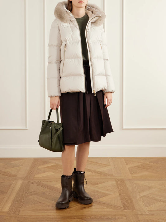 Image of Coats & Jackets. Product name - Laichefur Plush-trimmed Shell Quilted Down Jacket in Cream colour by brand - Moncler