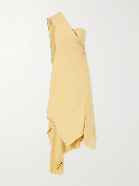 Image of Dresses. Product name - Asymmetric Draped Crepe Midi Dress in Yellow colour by brand - Marmar Halim