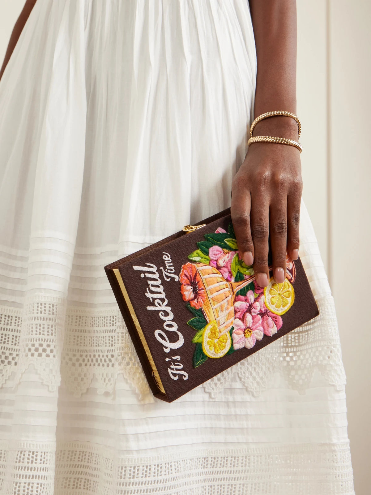 Image of Bags. Product name - It's Cocktail Time Appliquéd Embroidered Clutch in Chocolate colour by brand - Olympia Le-Tan