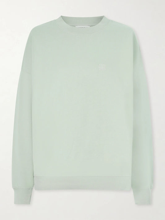 Image of Sleepwear & Loungewear. Product name - Miles Logo-embroidered Cotton-jersey Sweatshirt in Green colour by brand - Anine Bing