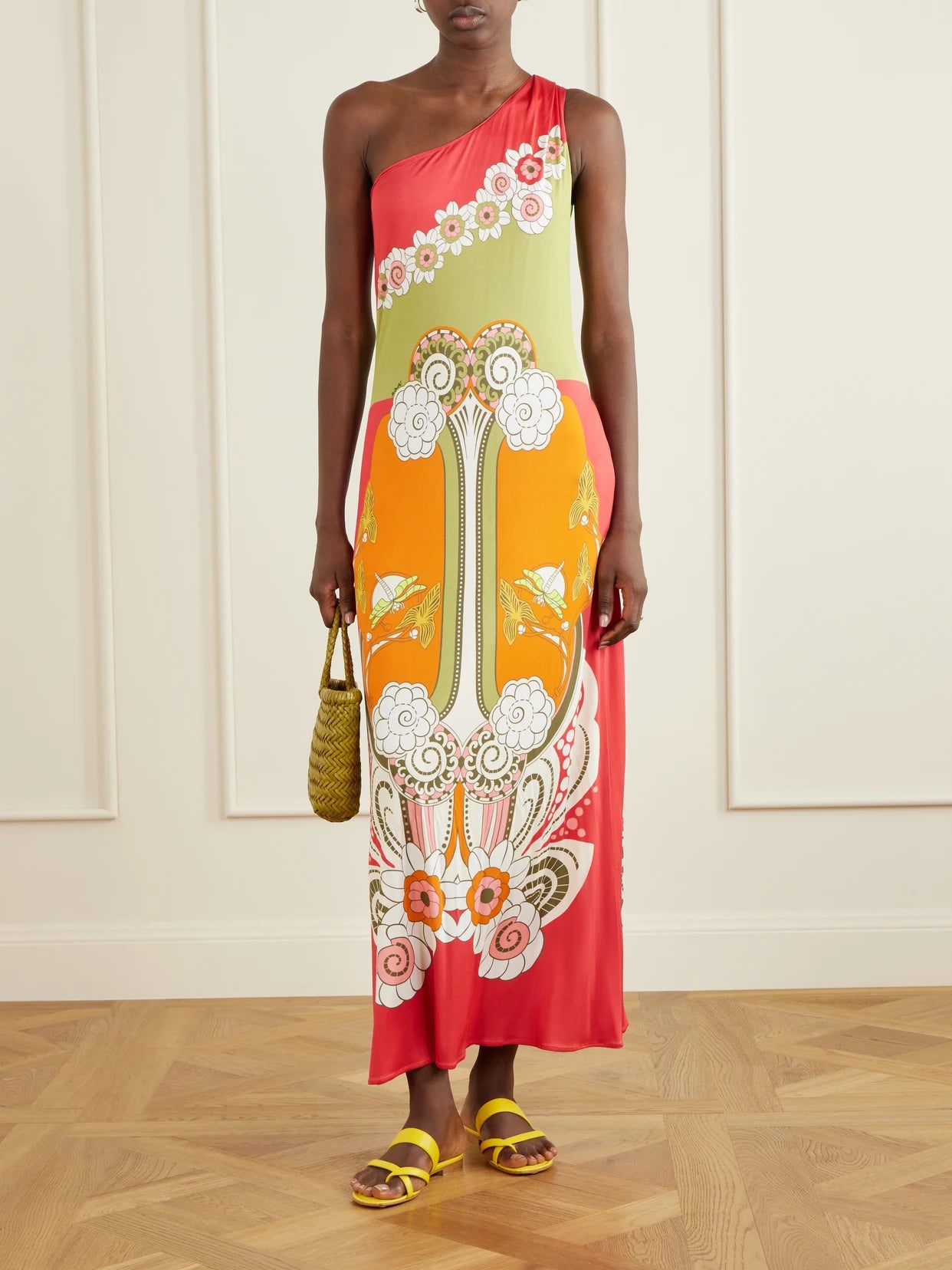 Image of Dresses. Product name - Clingy Roy Printed One-shoulder Jersey Maxi Dress in Multi colour by brand - La DoubleJ