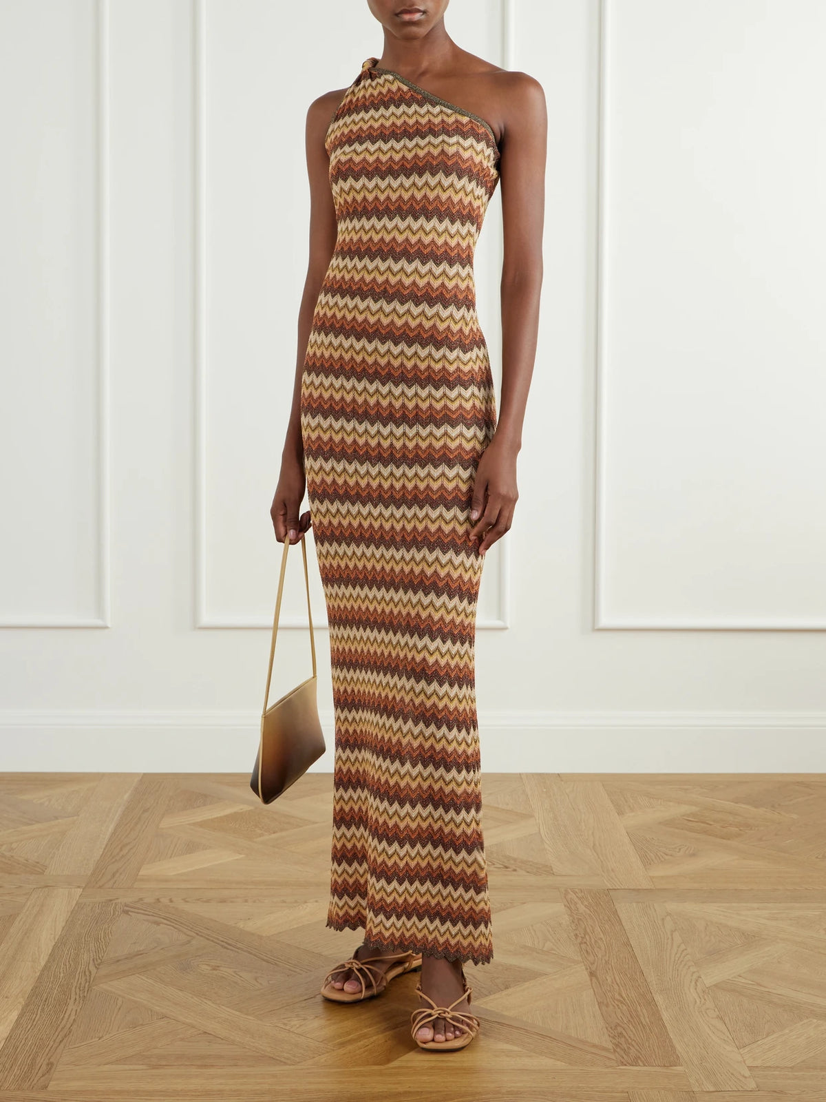 Image of Dresses. Product name - Naia One-shoulder Striped Metallic Crochet-knit Maxi Dress in Multi colour by brand - Faithfull