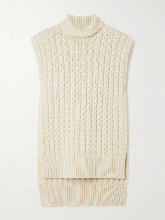 Oversized Belted Ribbed Wool Turtleneck Sweater Vest