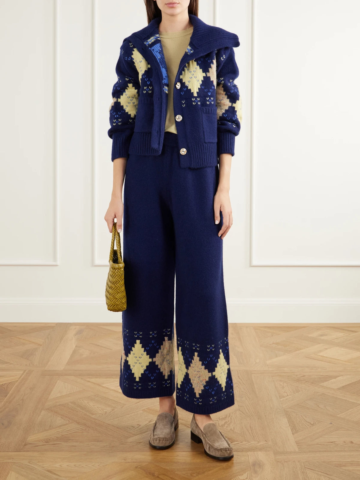 Image of Outfit Sets. Product name - Argyle Cashmere Wide-leg Pants in Navy colour by brand - Calle Del Mar