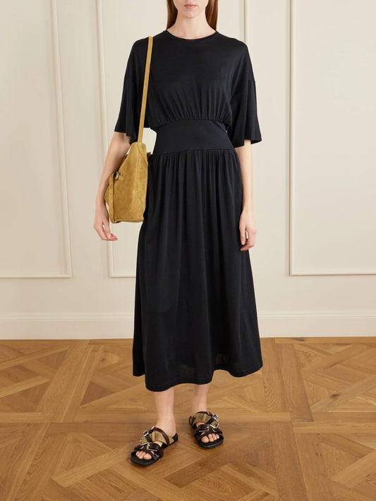 Image of Dresses. Product name - Cotton And Silk-blend Midi Dress in Black colour by brand - TOTEME