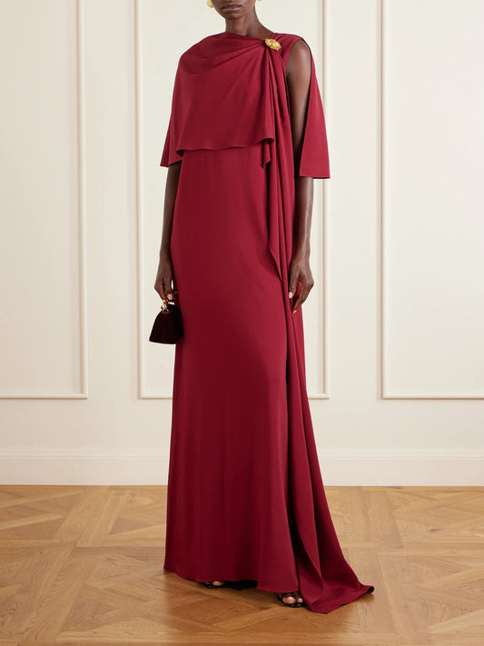 Image of Dresses. Product name - Cape-effect Georgette Gown in Burgundy colour by brand - Oscar de la Renta