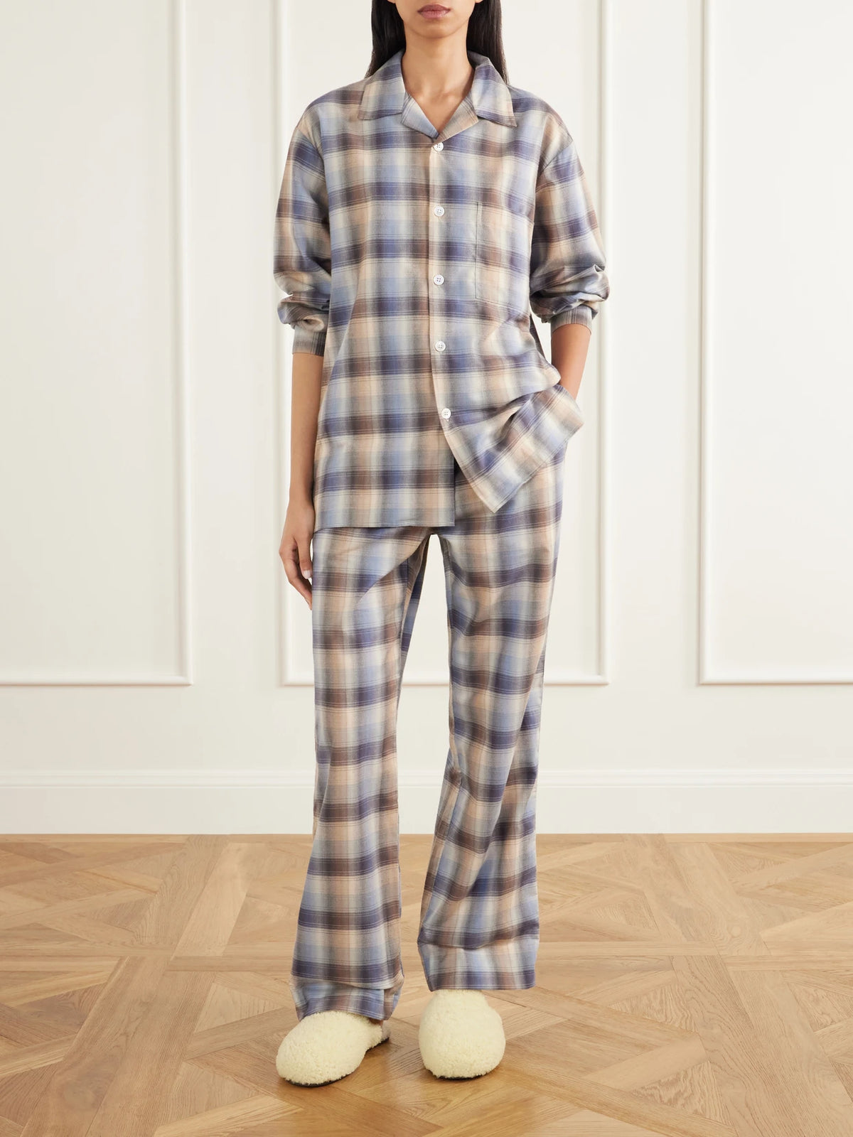 TEKLA + Auralee Drawstring Checked Organic Cotton-twill Flannel Pajama Set