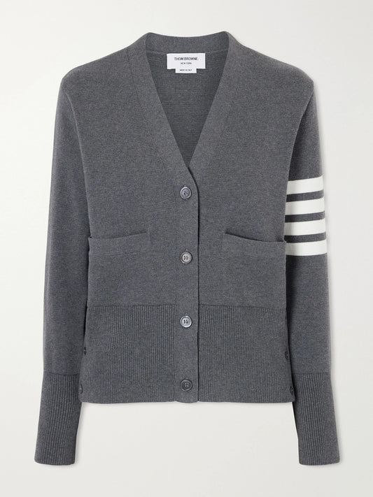Image of a model wearing Outerwear. Product name - Grosgrain-trimmed Striped Cotton Cardigan in Gray colour by brand - Thom Browne