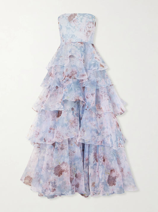 Gabrielle Strapless Tiered Ruffled Floral-print Linen-blend Organza Gown
