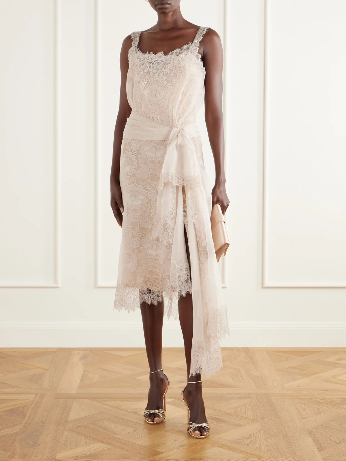 Image of Dresses. Product name - Knot-detailed Lace-trimmed Organza Midi Dress in Beige colour by brand - Elie Saab