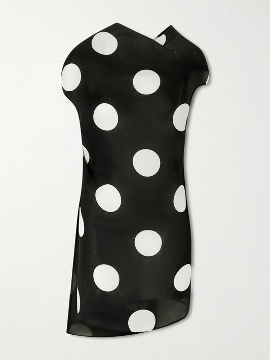 Image of Dresses. Product name - Tatia Draped Polka-dot Silk Mini Dress in Black colour by brand - KHAITE