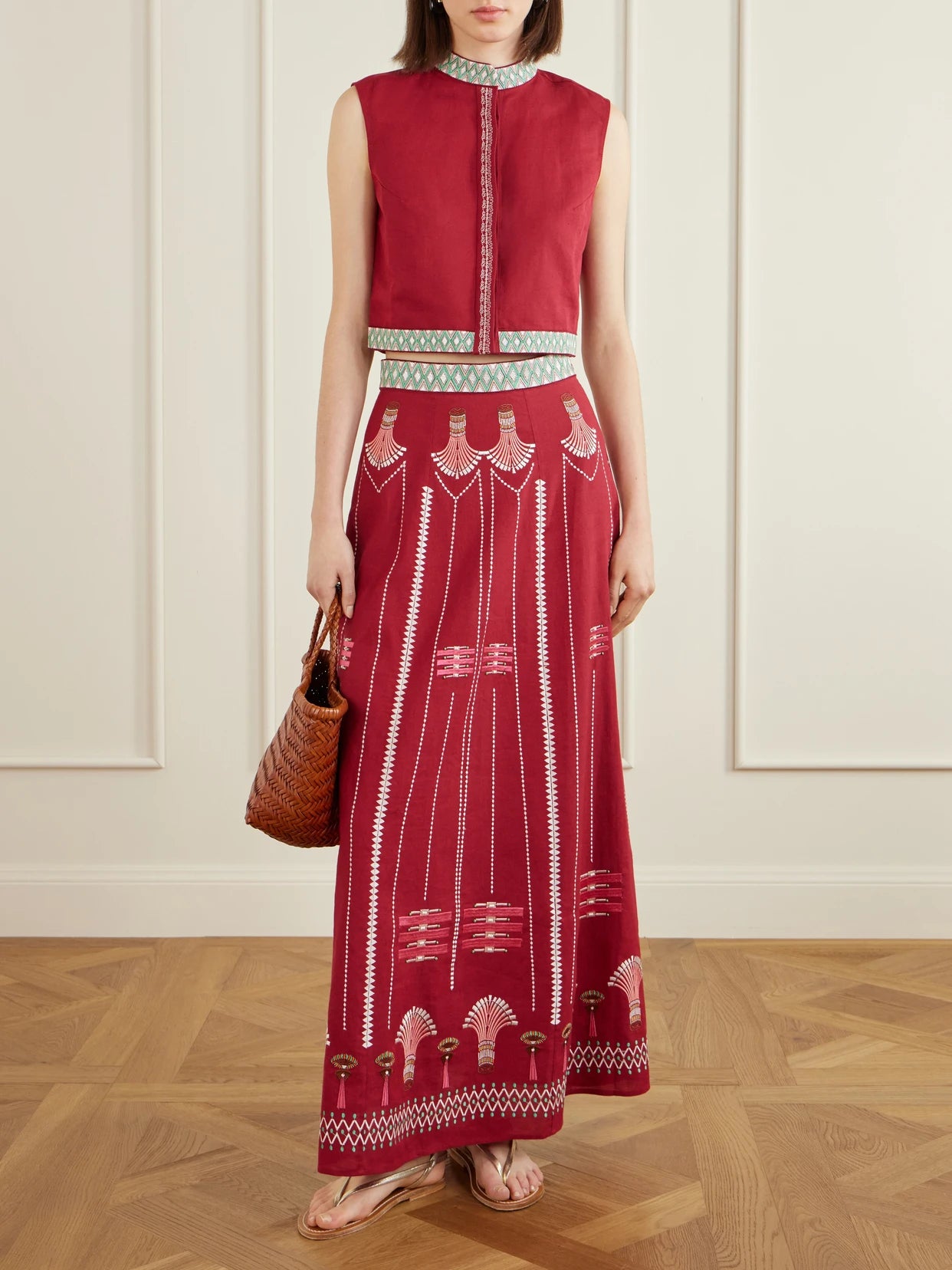 Image of a model wearing Skirts. Product name - Embroidered Linen And Cotton-blend Maxi Skirt in Multi colour by brand - Emporio Sirenuse