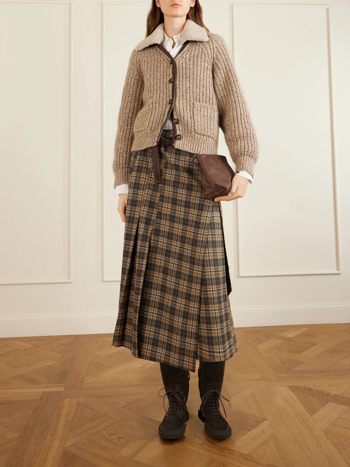 Image of Boots. Product name - Bead-embellished Suede Knee Boots in Chocolate colour by brand - Brunello Cucinelli