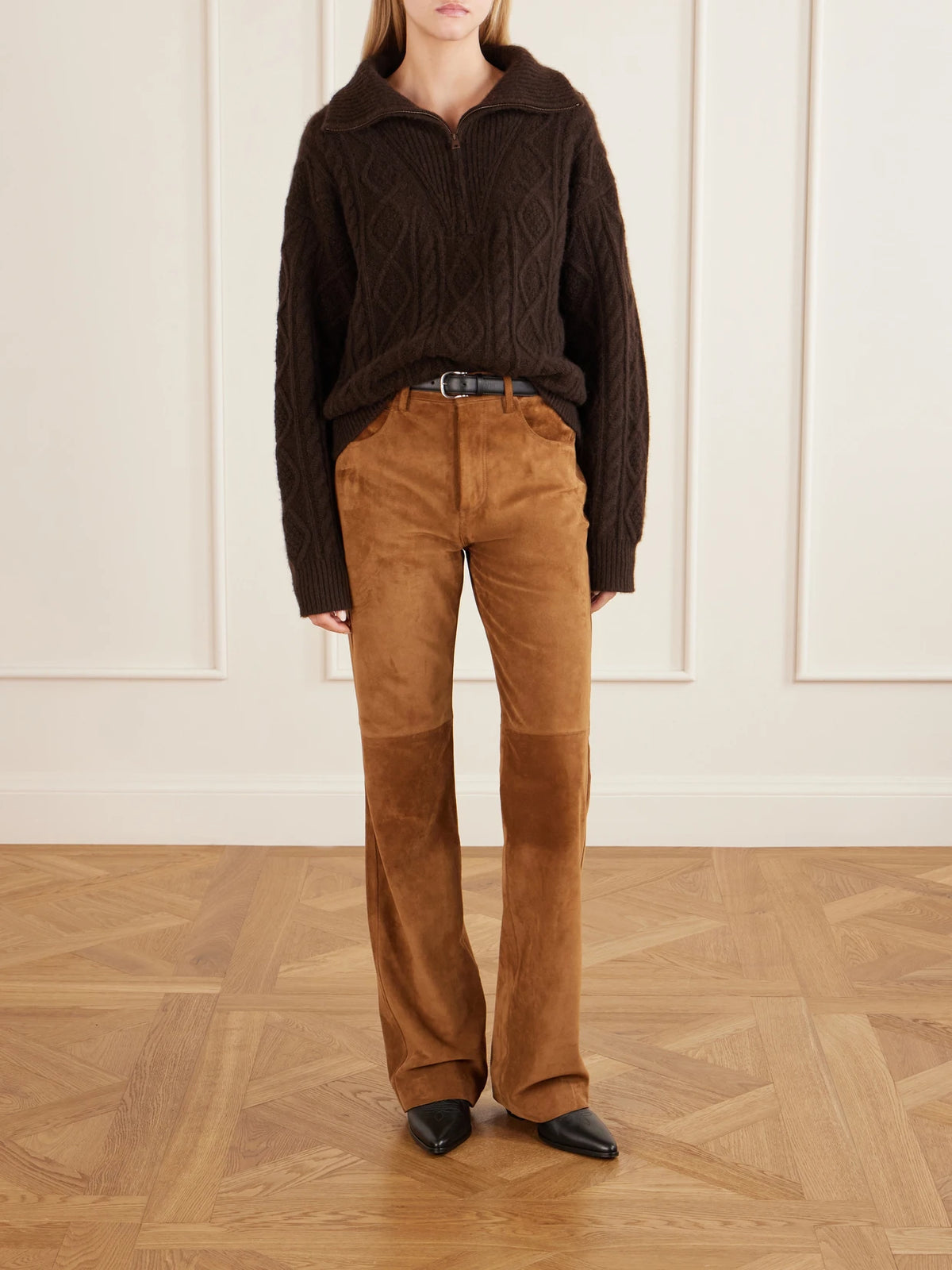 Image of a model wearing Outerwear. Product name - Jori Cashmere Sweater in Dark brown colour by brand - Nili Lotan