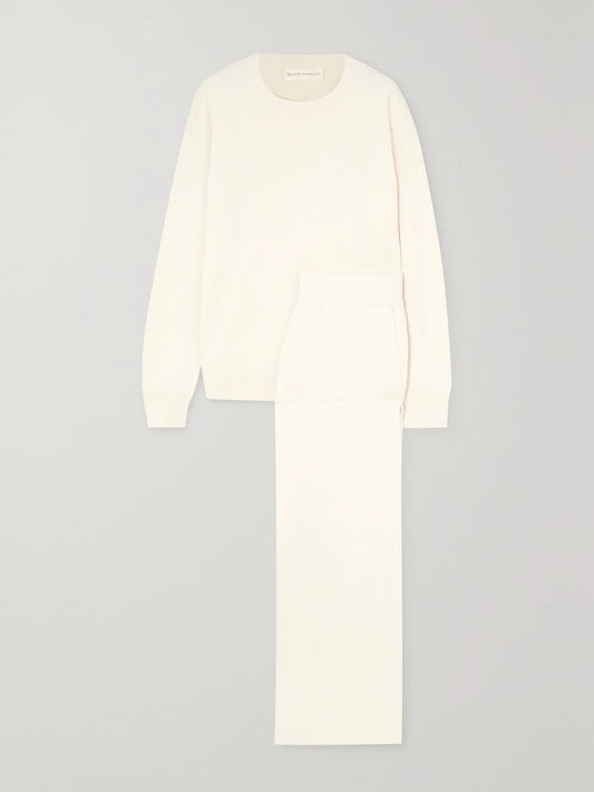 Image of Sleepwear & Loungewear. Product name - Carmel Silk And Cashmere-blend Sweatshirt And Track Pants Set in White colour by brand - Olivia von Halle