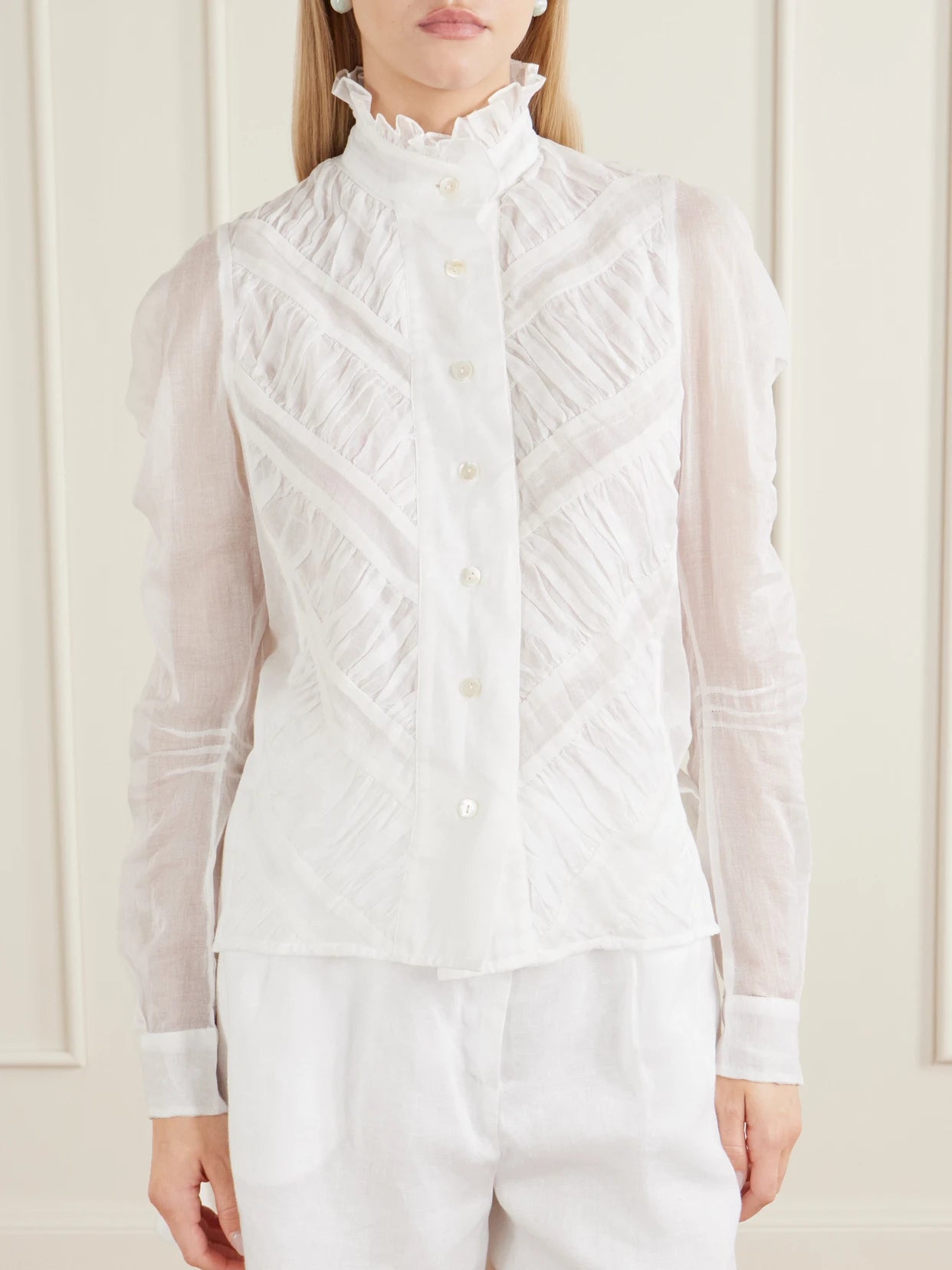 Wind Ruffled Ruched Cotton-voile Blouse