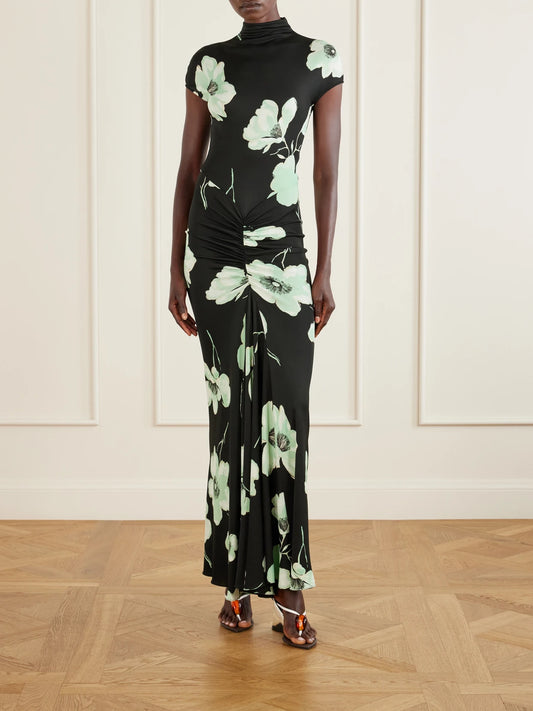 Image of Dresses. Product name - Jersey Floral-print Maxi Dress in Black colour by brand - Alaïa