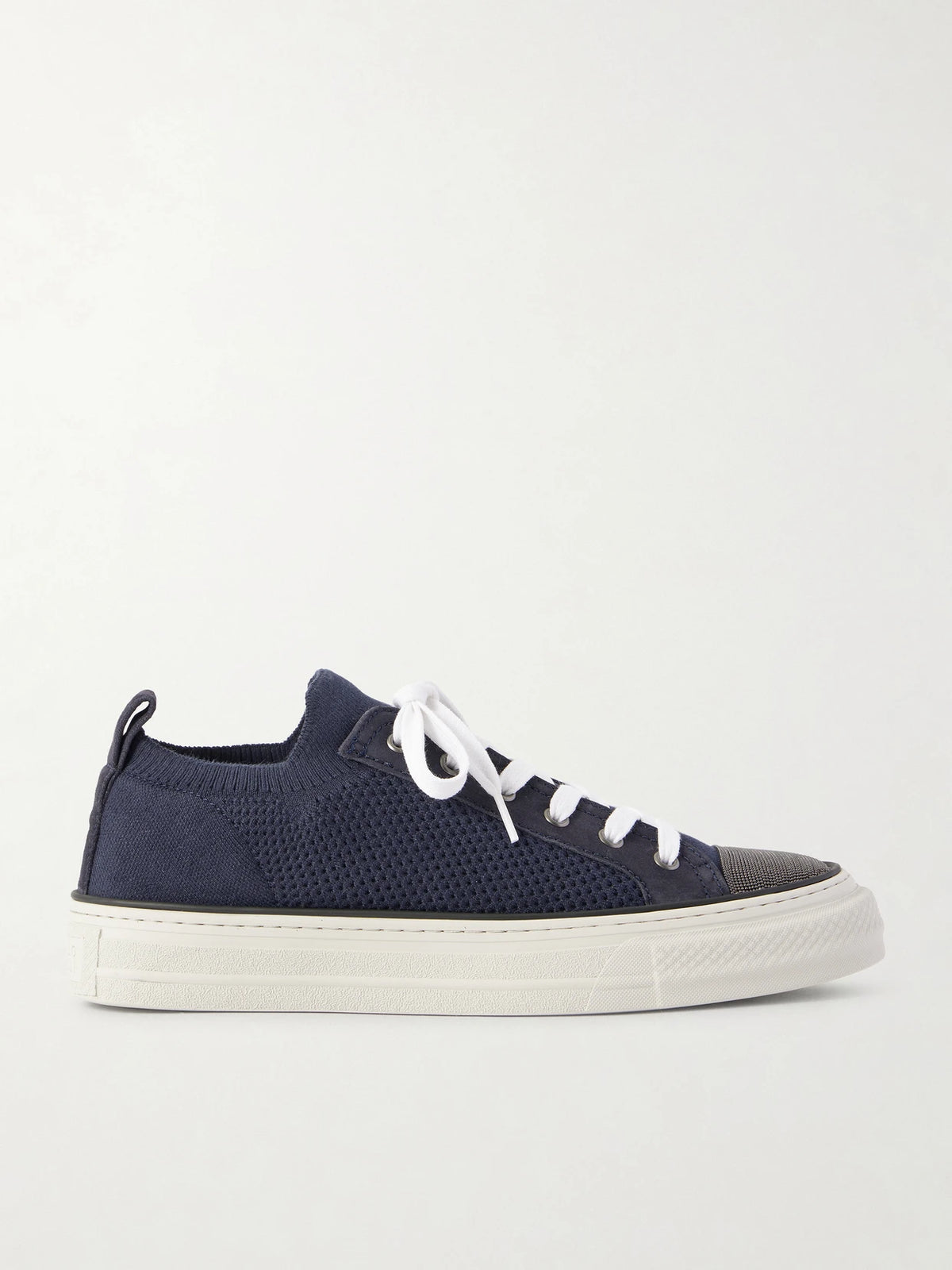 Bead-embellished Suede-trimmed Stretch-knit Sneakers