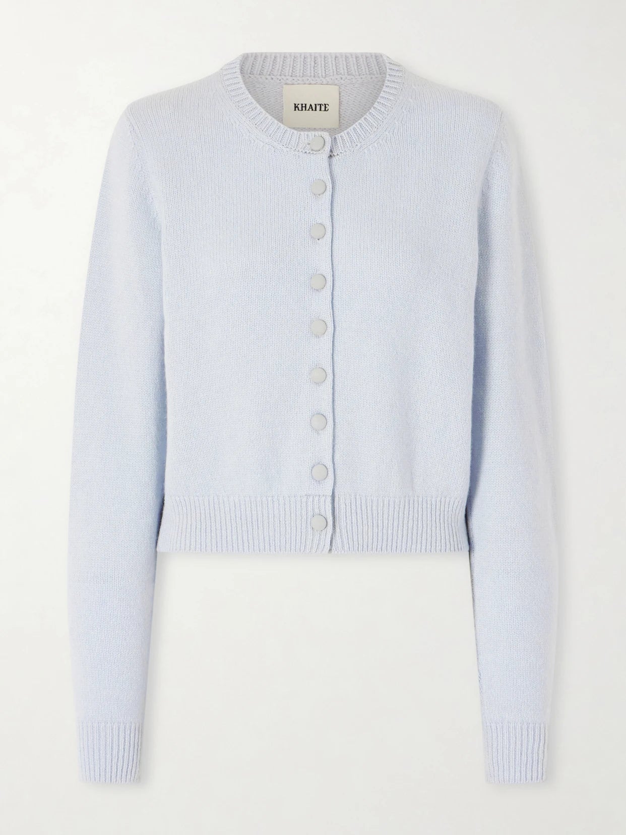 Image of a model wearing Outerwear. Product name - Everheart Cashmere Cardigan in Light blue colour by brand - KHAITE