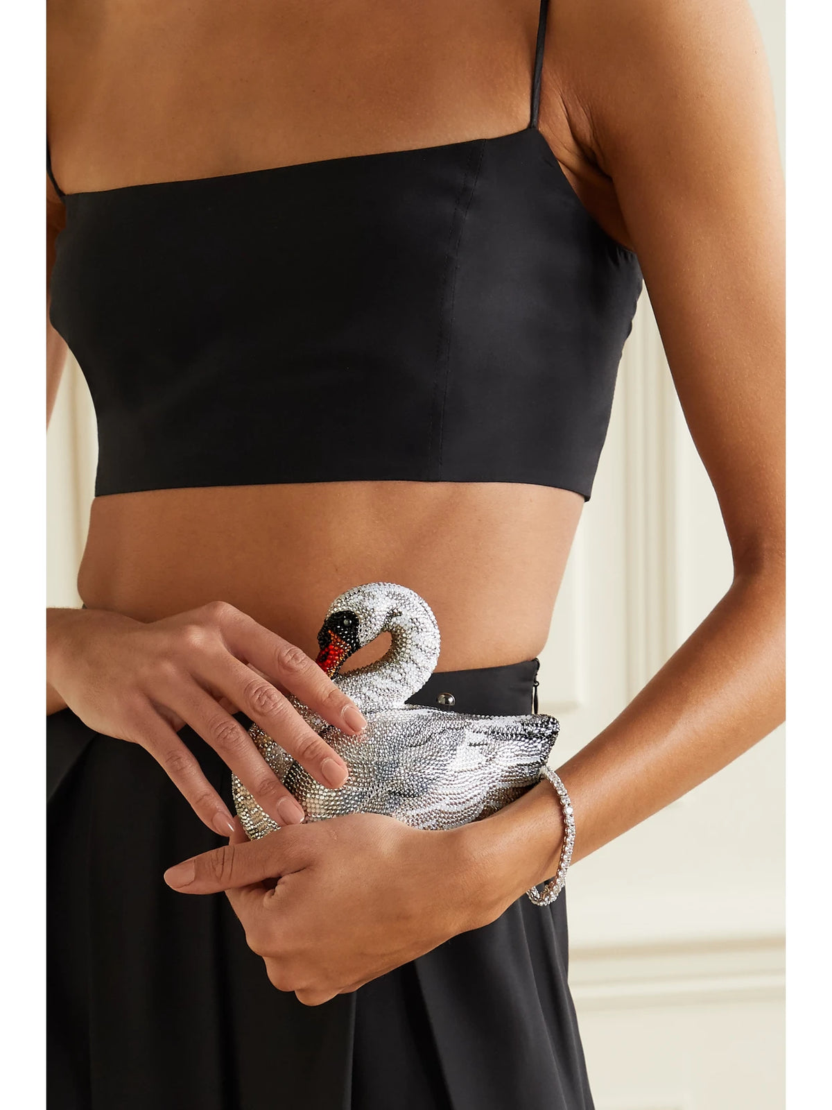 Image of Bags. Product name - Swan Odette Crystal-embellished Silver-tone Clutch in Multi colour by brand - Judith Leiber Couture