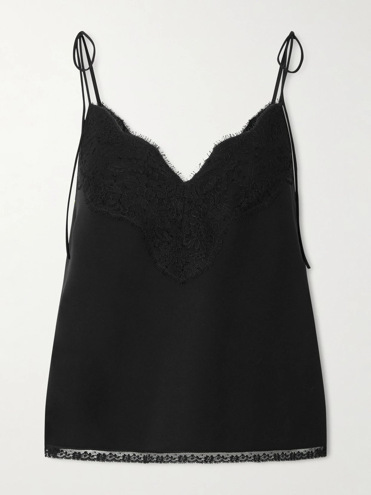 Image of a model wearing Tops. Product name - Floral Lace-trimmed Silk Crepe De Chine Camisole in Black colour by brand - Valentino Garavani