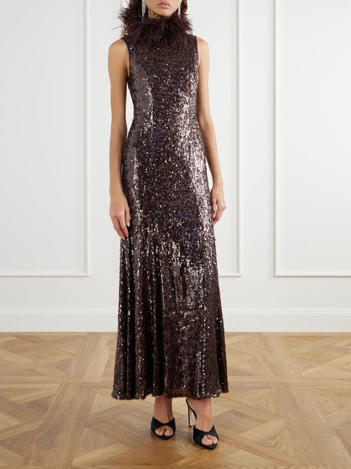 Aje Elyisian Feather-trimmed Sequined-mesh Gown