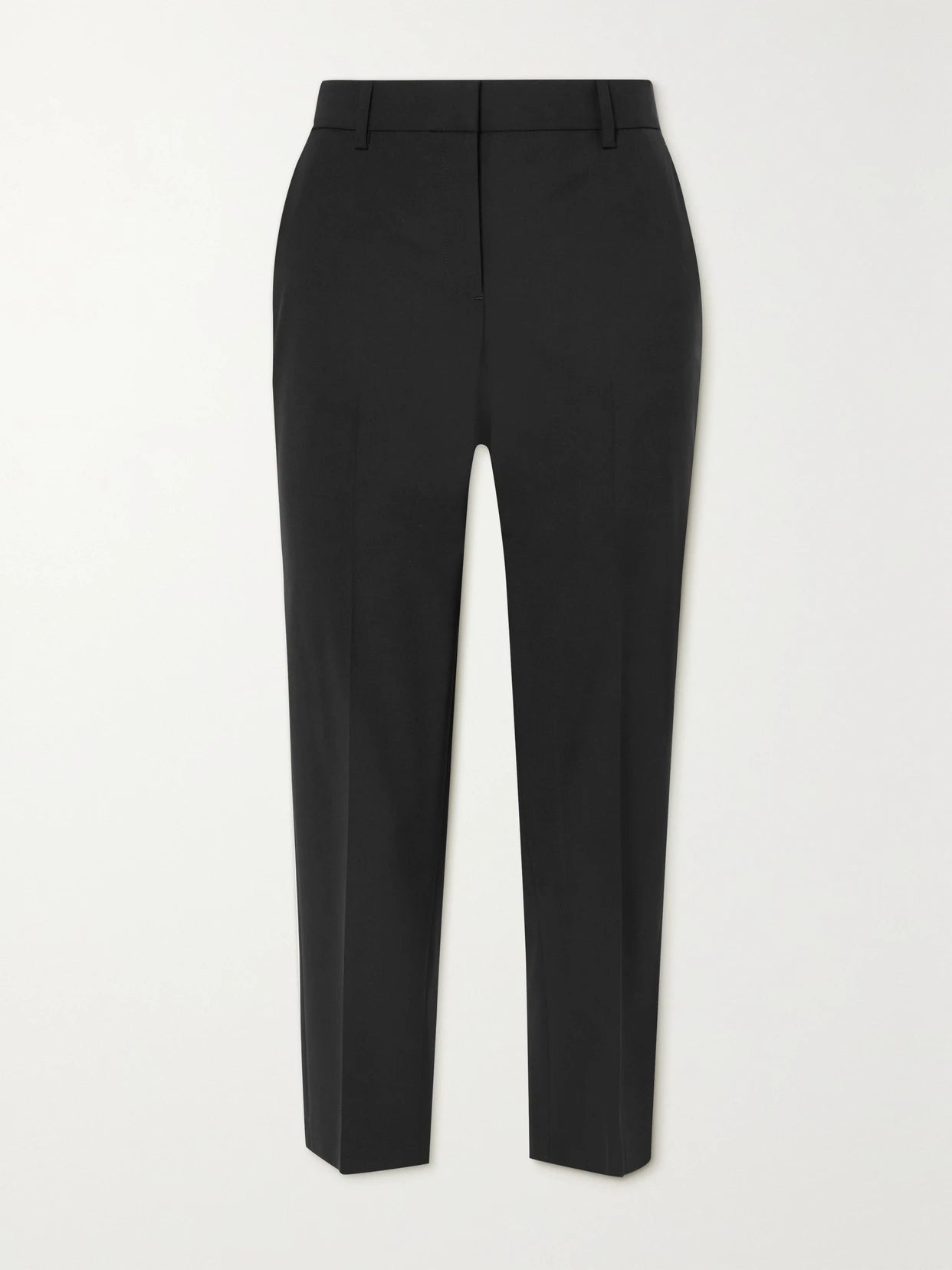 Image of a model wearing Pants. Product name - Treeca 2 Cropped Wool-blend Slim-leg Pants in Black colour by brand - Theory