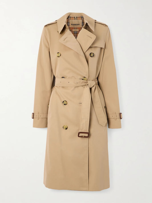 Image of Coats & Jackets. Product name - Kensington Long Organic Cotton-gabardine Trench Coat in Neutral colour by brand - Burberry
