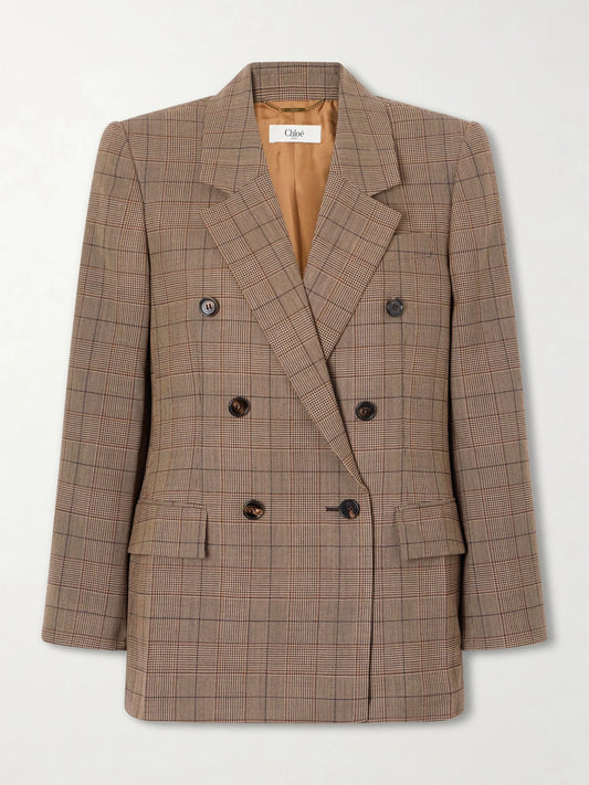 Image of Coats & Jackets. Product name - Double-breasted Checked Wool Blazer in Brown colour by brand - Chloé