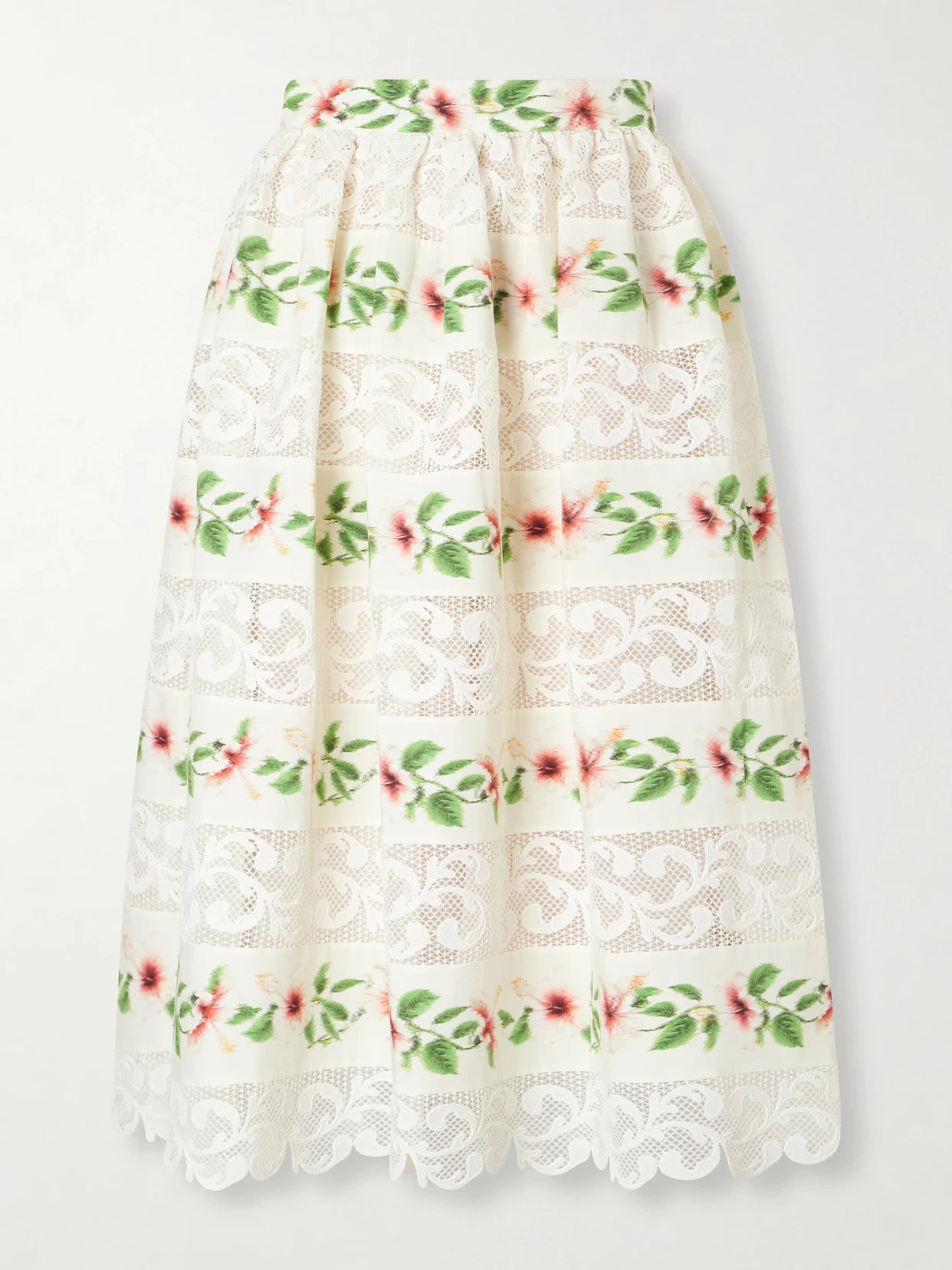 Floral-print Lace-trimmed Cotton-blend Midi Skirt