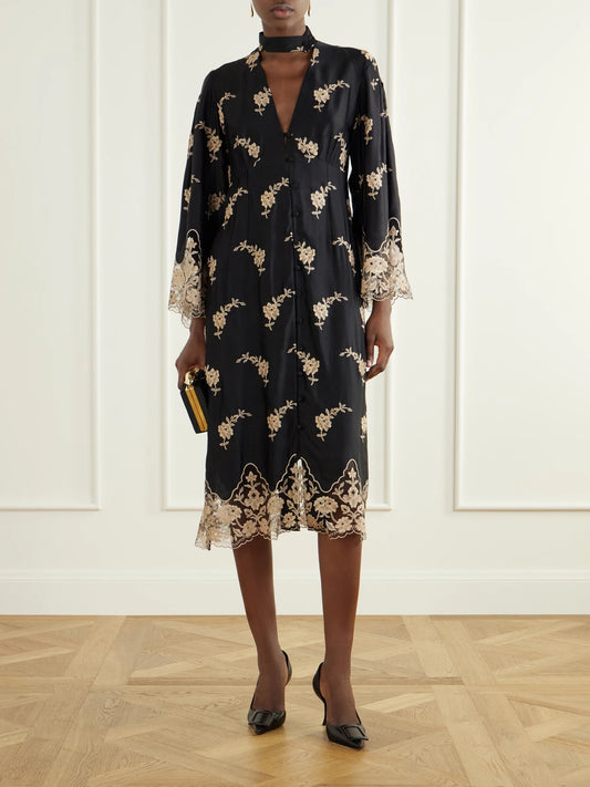 Image of Dresses. Product name - Sinalunga Floral-embroidered Lace-trimmed Satin Midi Dress in Black colour by brand - Loretta Caponi