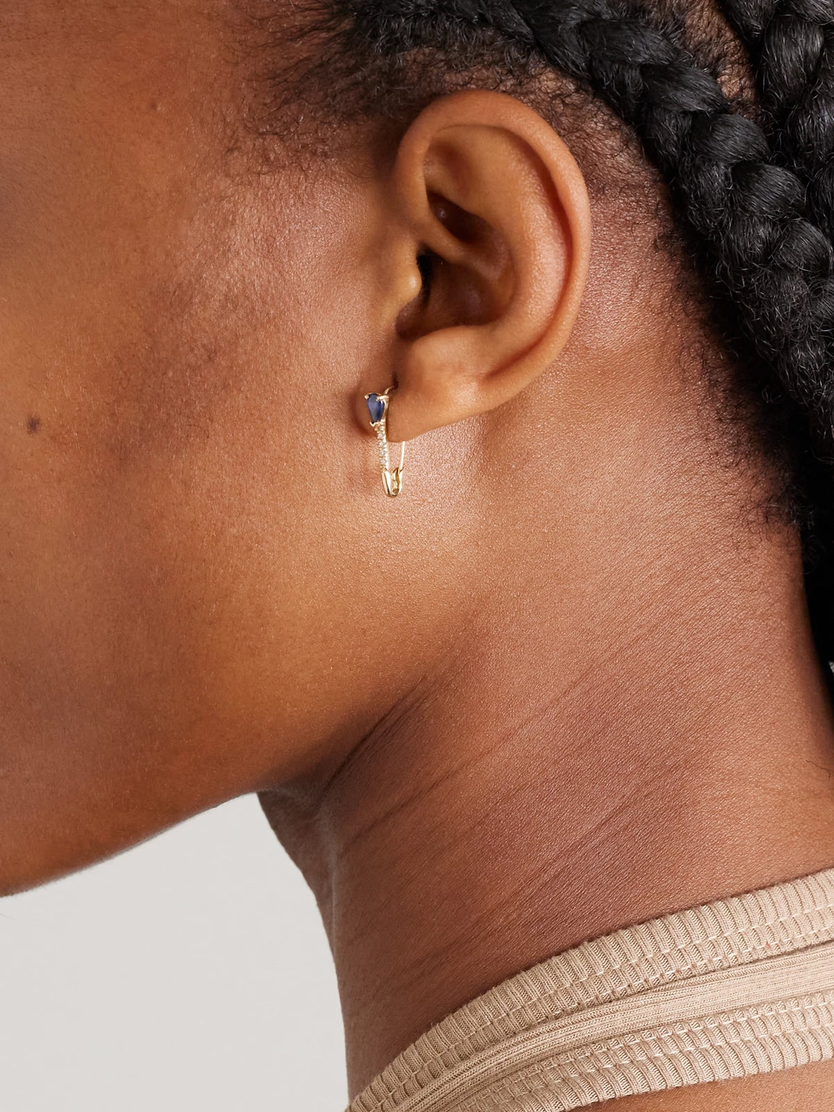 Image of Earrings. Product name - Safety Pin 14-karat Gold, Diamond And Sapphire Single Earring in Multi colour by brand - Loren Stewart
