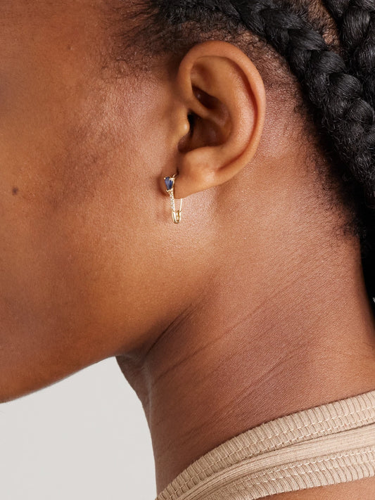 Image of Earrings. Product name - Safety Pin 14-karat Gold, Diamond And Sapphire Single Earring in Multi colour by brand - Loren Stewart