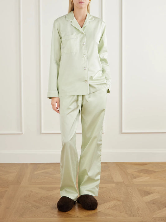 TEKLA Pistachio Organic Cotton Satin Pajamas
