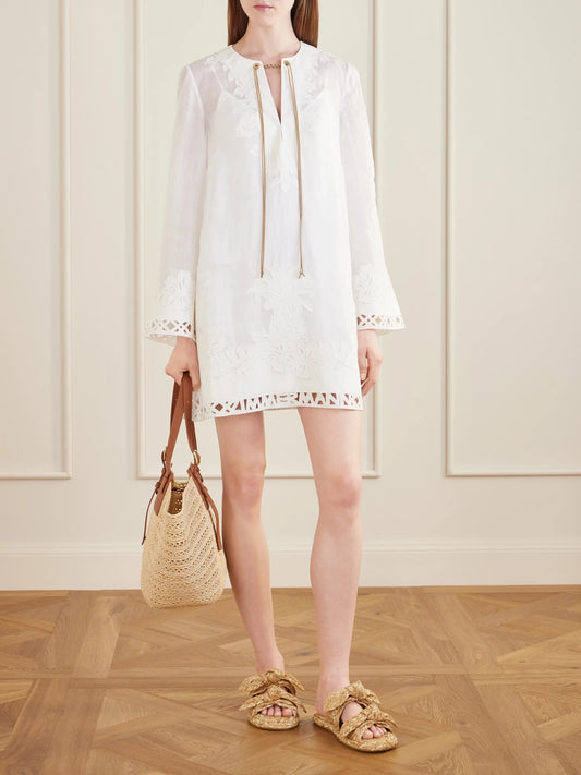 Image of Dresses. Product name - Indra Embroidered Ramie Mini Dress in White colour by brand - Zimmermann
