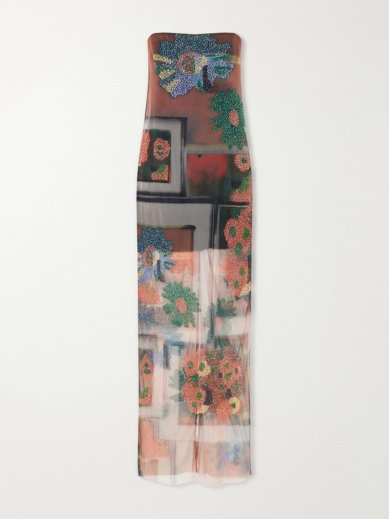 Image of Dresses. Product name - Liliana Beaded Printed Tulle Maxi Dress in Multi colour by brand - STAUD